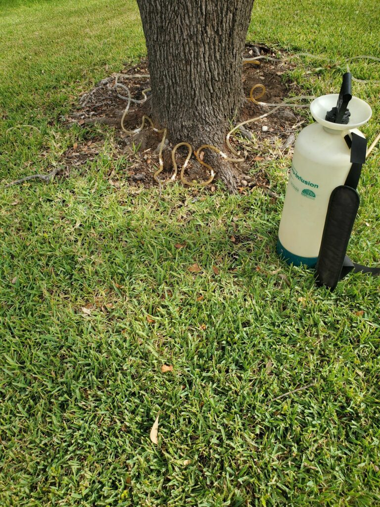 A white bottle sitting in the grass next to a tree.